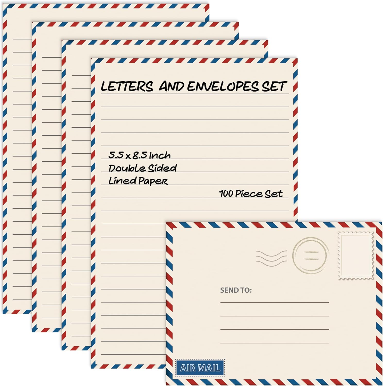 Airmail Lined Mini Writing Paper and Envelope Set, 5.5 x 8.25 Inch, 100 Pieces