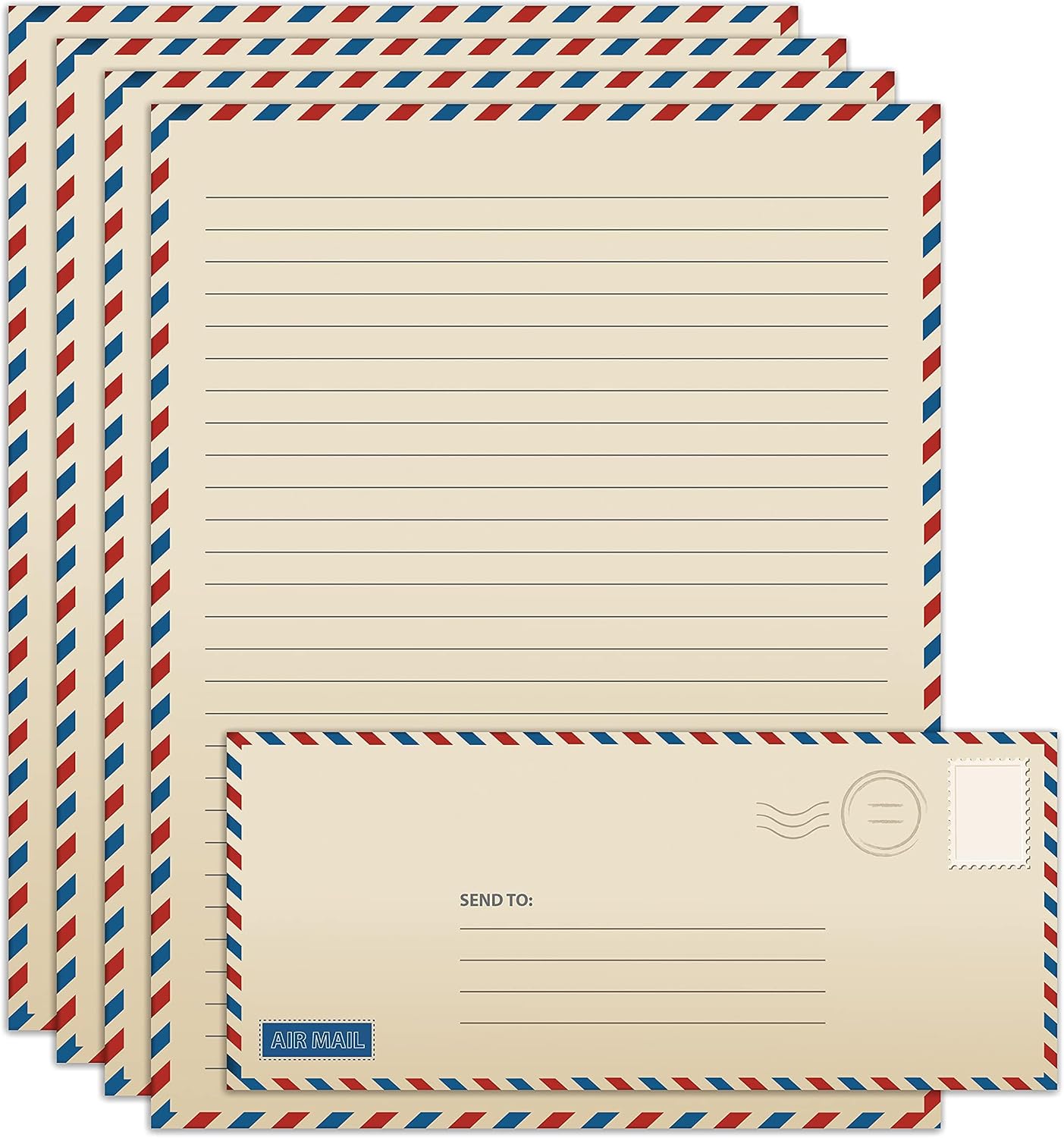 Airmail Lined Writing Paper and Envelope Set, 8.5 x 11 Inch, 100 Pieces