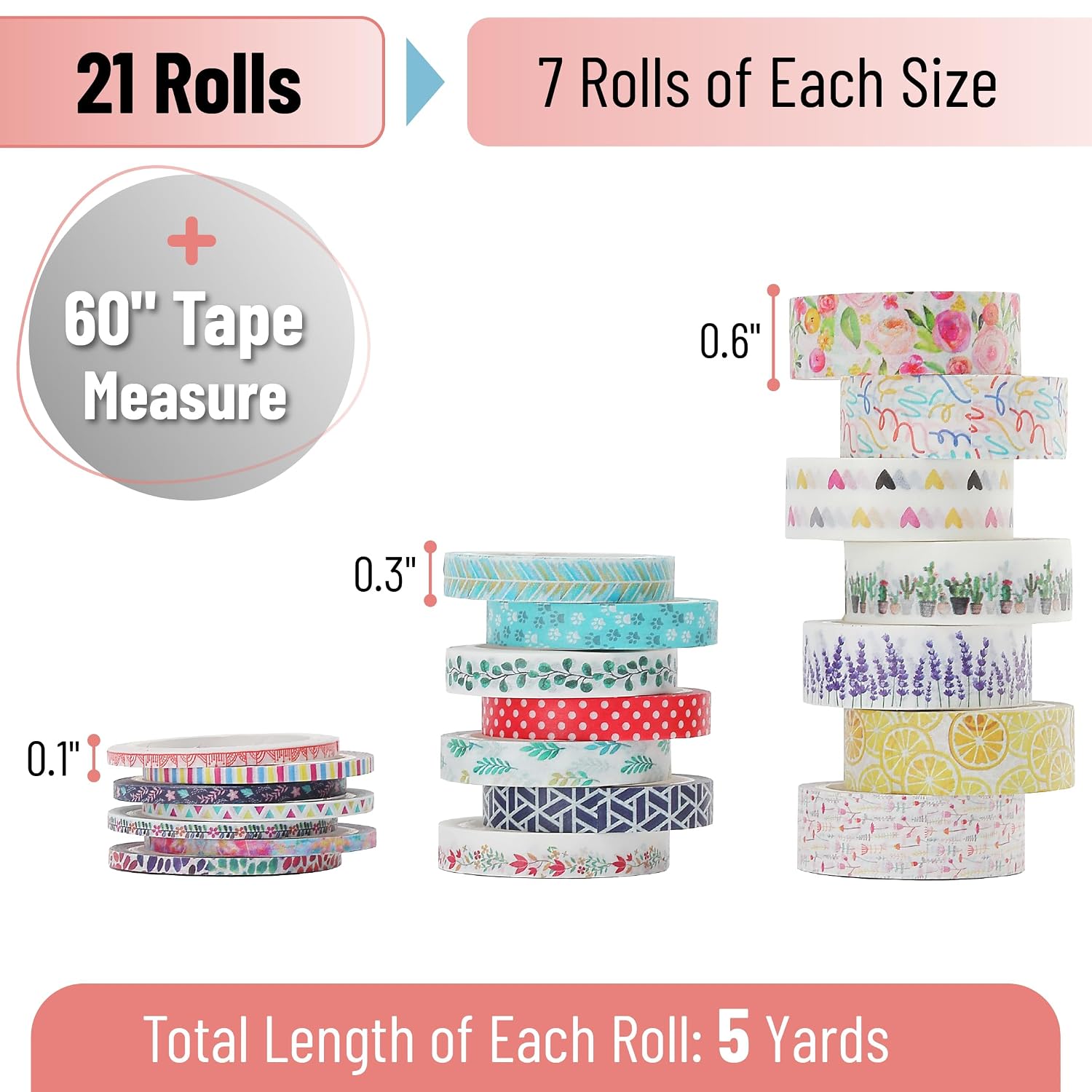 Decorative Paper Craft Tape Set, 21 Rolls, Floral and Patterned — view 2