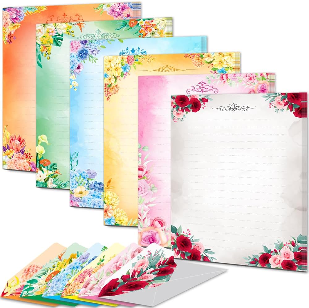 Floral Lined Letter Paper and Envelope Set, 60 Pieces