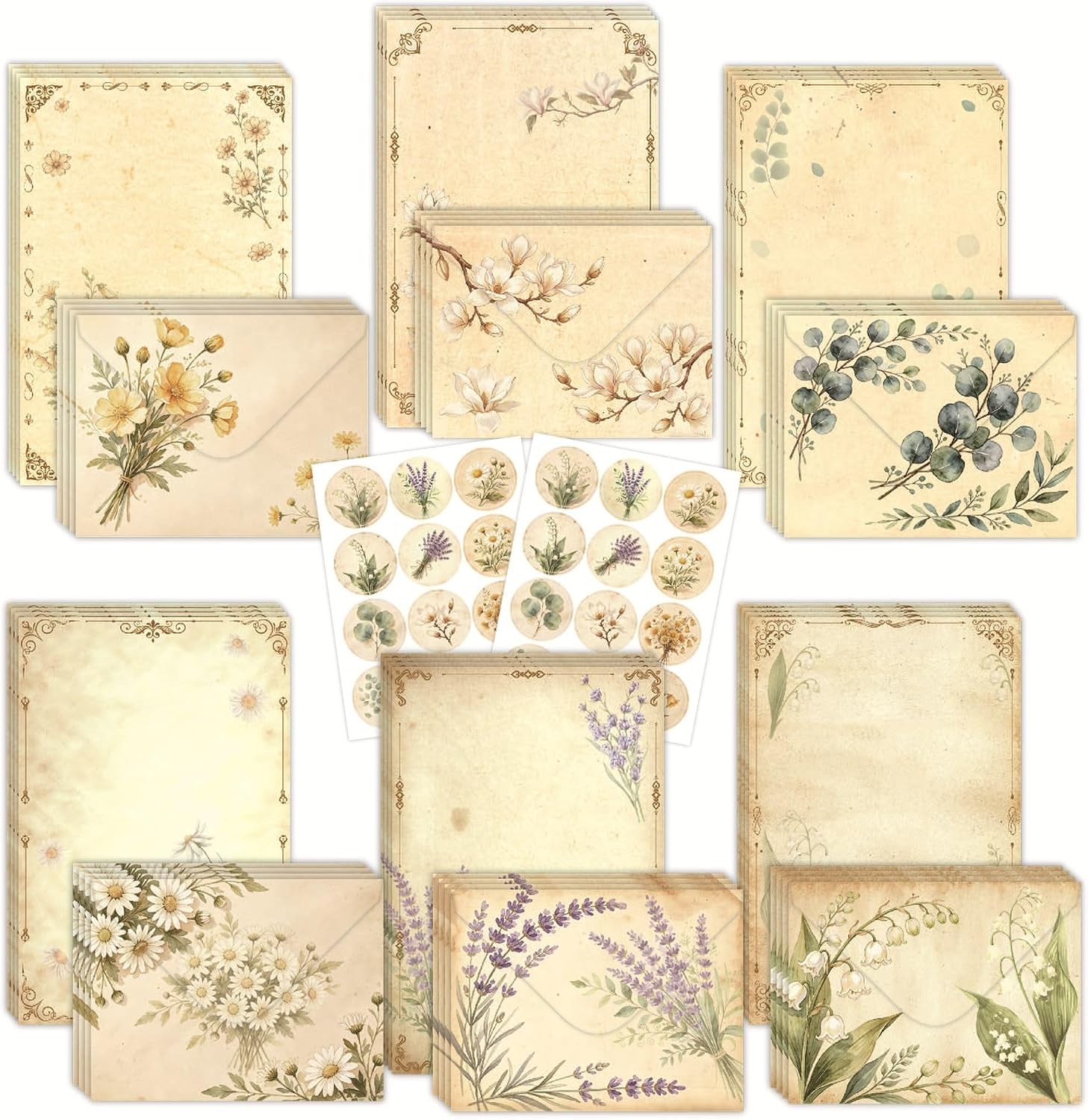 Floral Stationery Paper, Envelopes, Stickers Set, 72 Pieces