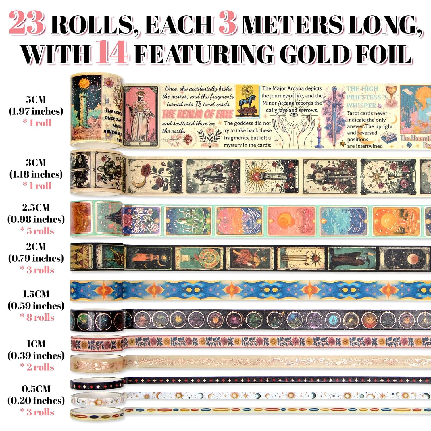 Gold Foil Washi Tape Set, Celestial and Tarot Designs, 23 Rolls — view 2