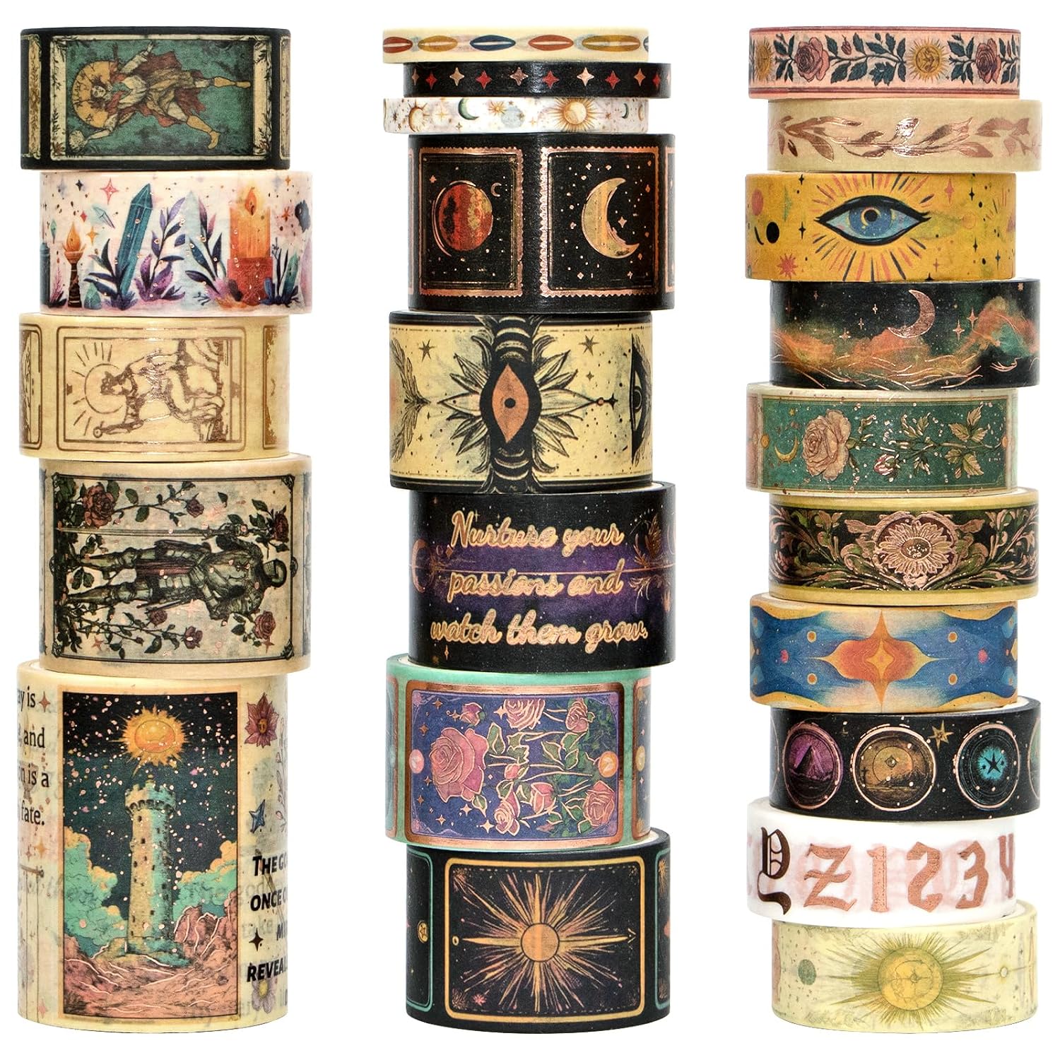 Gold Foil Washi Tape Set, Celestial and Tarot Designs, 23 Rolls
