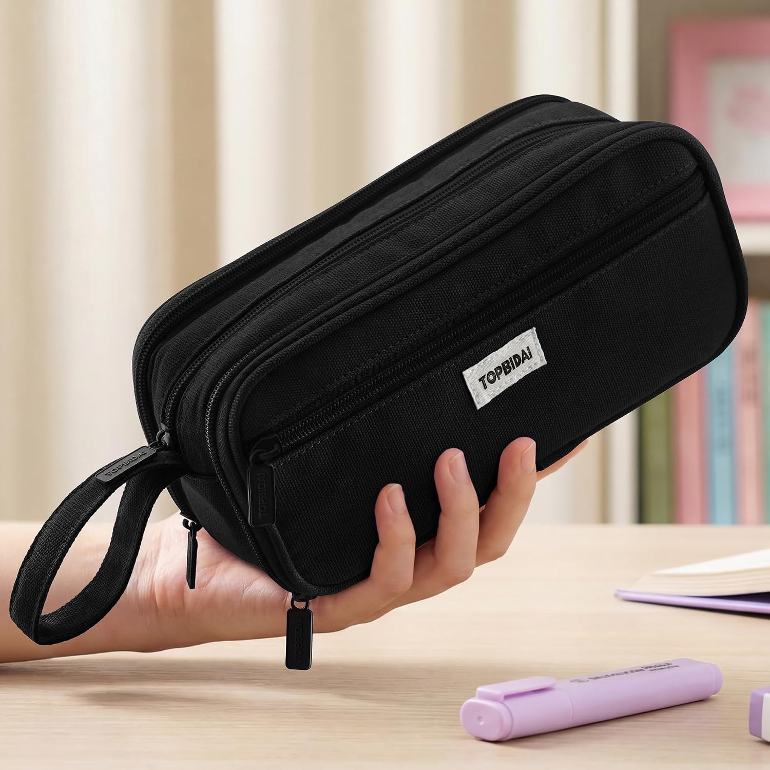 Large Canvas Pencil Case, Multi-Compartment, Black — view 2