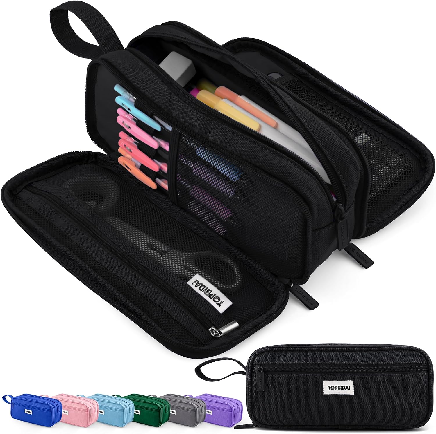 Large Canvas Pencil Case, Multi-Compartment, Black