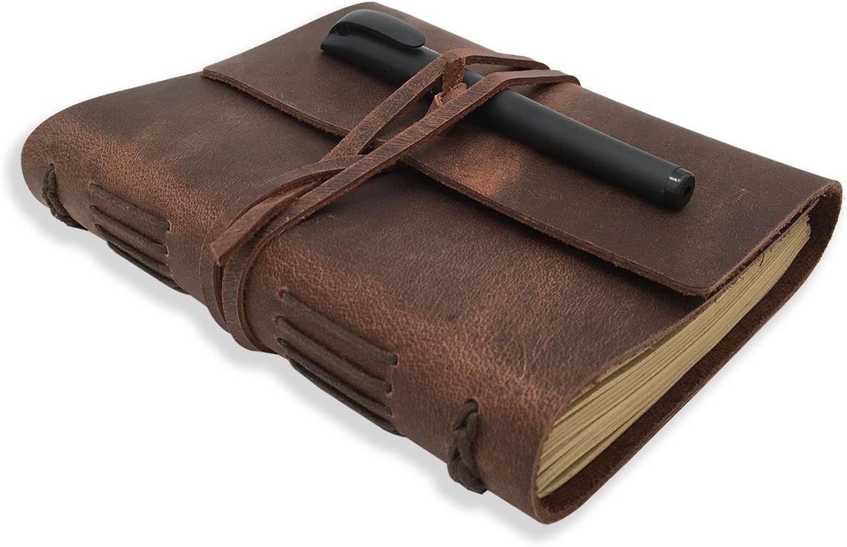 Leather Journal, Hand-Stitched, Lined Kraft Paper, 240 Pages