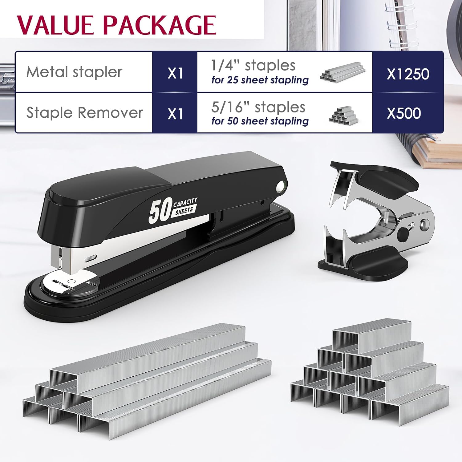 Metal Stapler Set, 50 Sheet Capacity, Staples, Remover — view 2