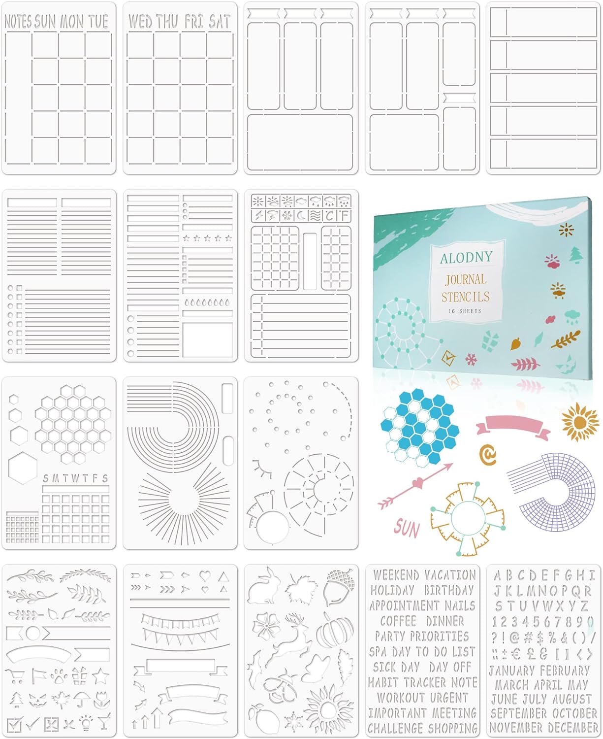 Plastic Journal Stencils Set, 16 Pieces, Assorted Designs