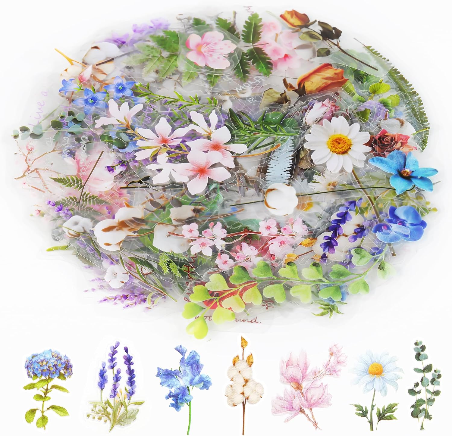 Pressed Flower Transparent Stickers, 160 Pieces