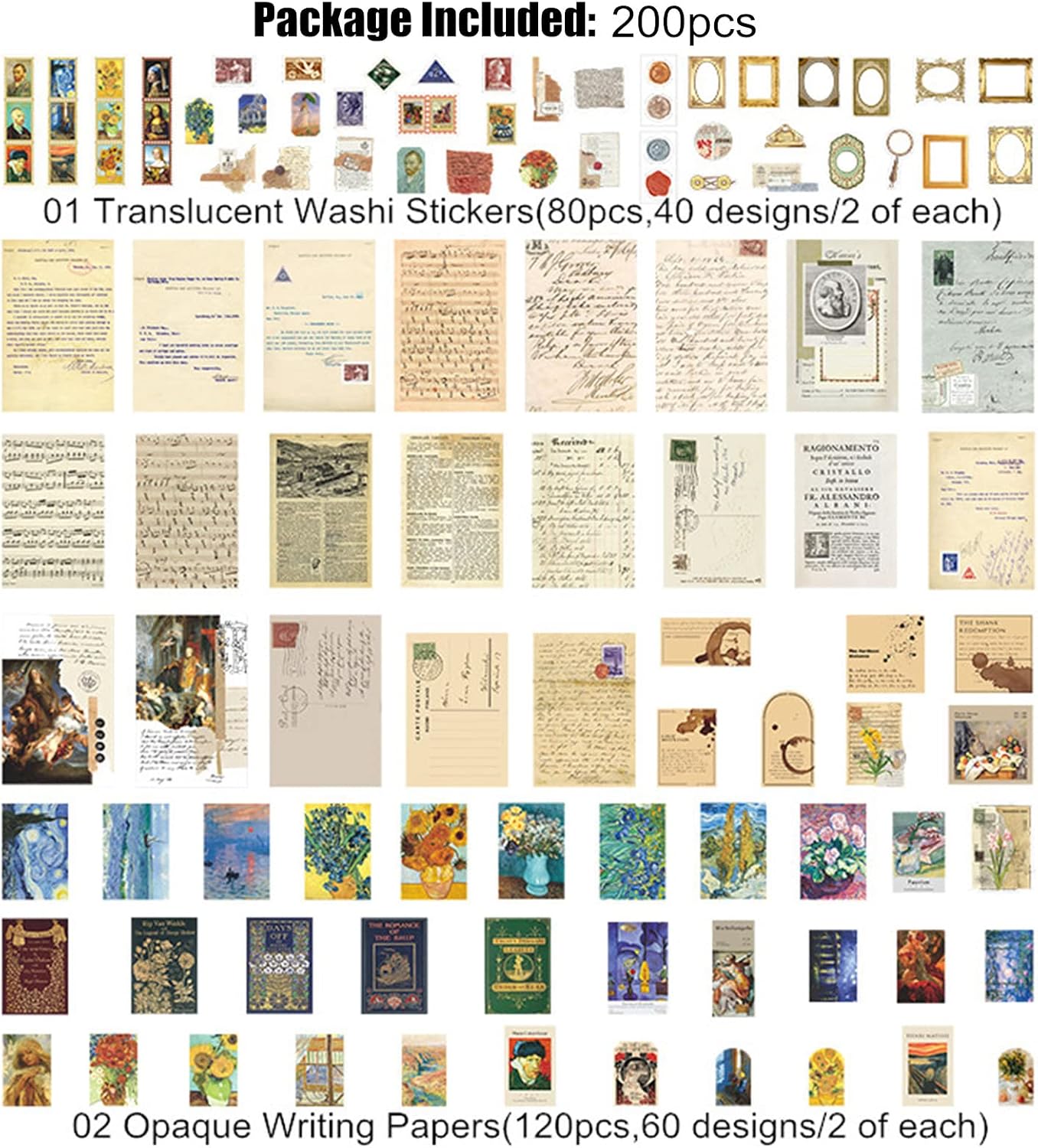 Vintage Paper and Sticker Set for Journaling, 200 Pieces — view 2